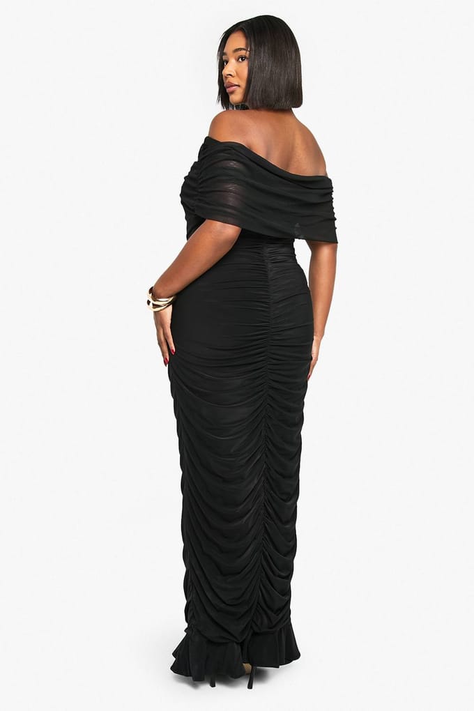boohoo Dames PLUS MESH BARDOT GERUCHED MAXI-JURK | Zwart | Maat: 46