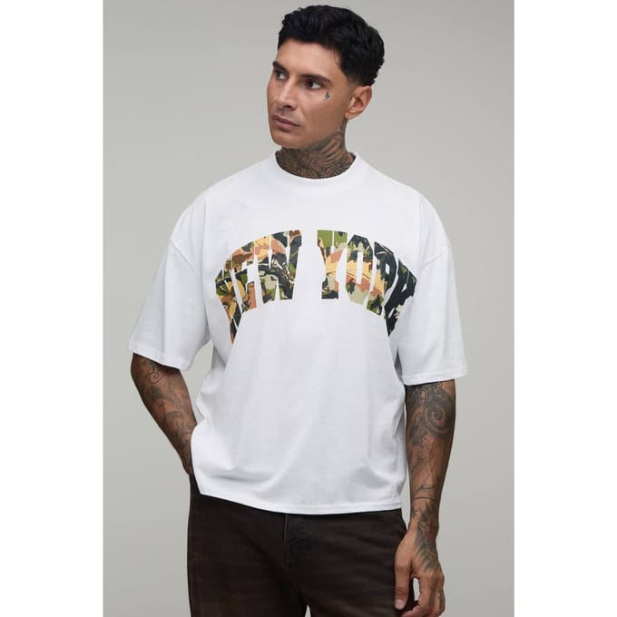 Lang Wit Oversized Boxy New York Camo Print T-shirt | White | Size Large