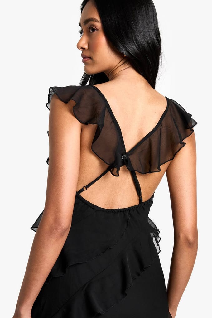 boohoo Dames Chiffon Maxi-jurk met Ruffles en Bandjes | Black | Maat: 18