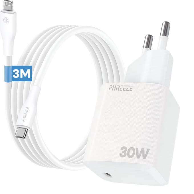 30w usb C adapter GaN set geschikt voor iPhone en iPad met Lightning naar usb C kabel 3 meter lang