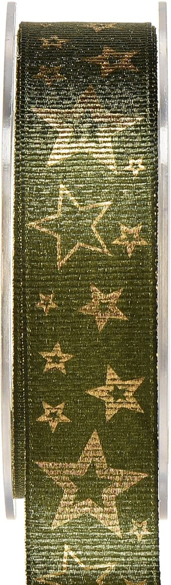 Kerstdecoratielint met sterren groen goud B25mm L15m