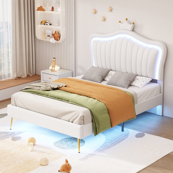 MODFU Wit kinderbed 90x200 cm – Gestoffeerd met kroon – LED-verlichting – Verstelbaar hoofdeinde
