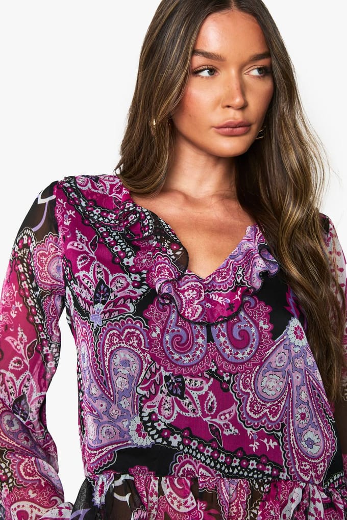 boohoo Dames Paisley Chiffon Ruffle Blouse | Violet | Maat: 34