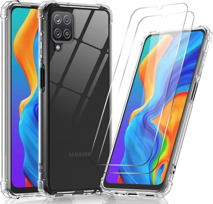 Anti-Shock silicone hoesje met 2 Pack Tempered glas Screen Protector Geschikt voor: Samsung Galaxy M12