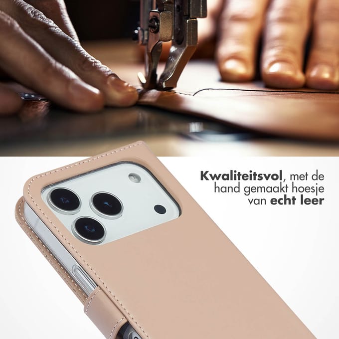 Selencia Hoesje - Geschikt voor Apple iPhone 17 Pro - Echt Lederen Bookcase - Dusty Pink