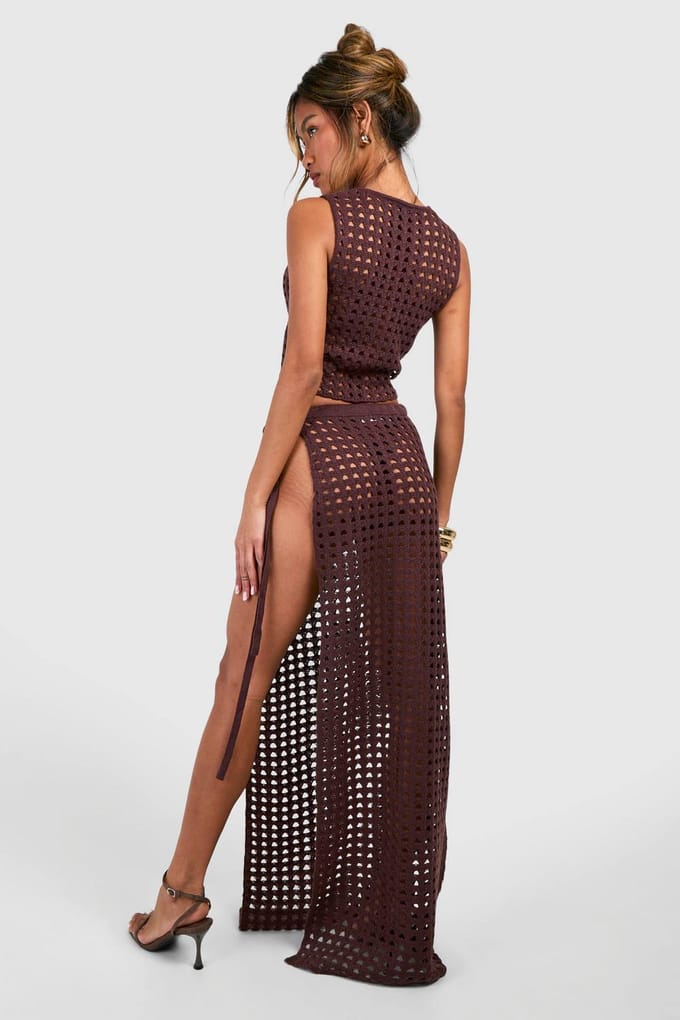 boohoo Dames Dij-spleet Gehaakte Maxirok | Chocoladebruin | Maat: Large