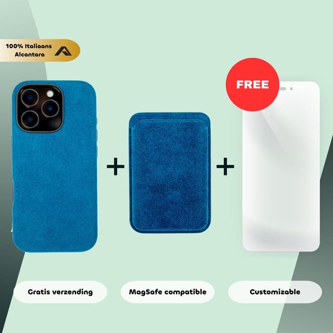 iPhone 16 Pro – Alcantara Case + MagSafe Wallet + Gratis Screenprotector | Sapphire Blue