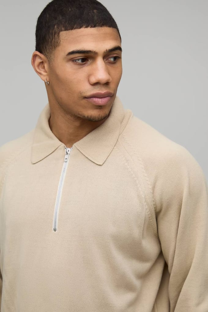 Regular 1/4 Zip Knitted Polo T-Shirt | Taupe | Size Medium