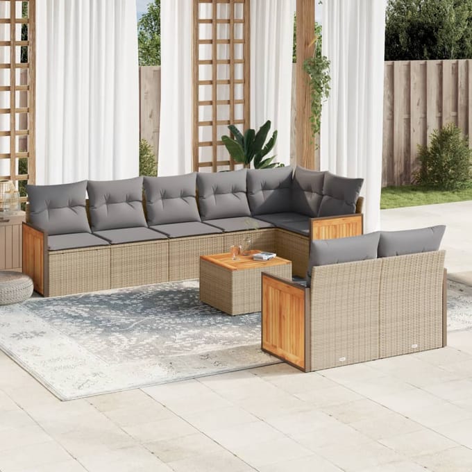 vidaXL - 9-delige - Loungeset - met - kussens - poly - rattan - beige