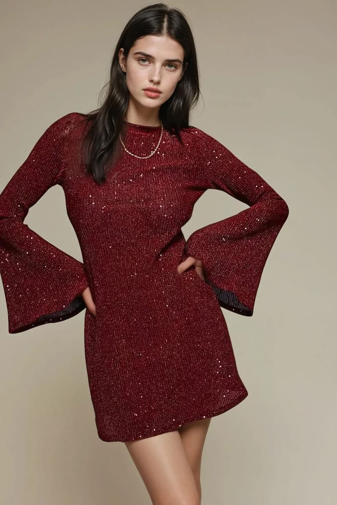 Bordeaux Mini Paillettenjurk met Engelenmouwen