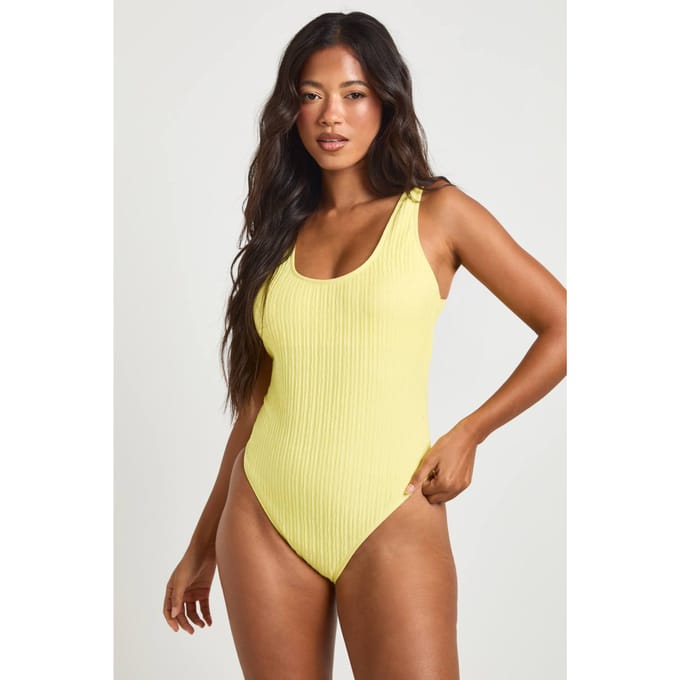 boohoo Dames Gestructureerd Badpak Met Ronde Hals | Citroen | Maat: 38