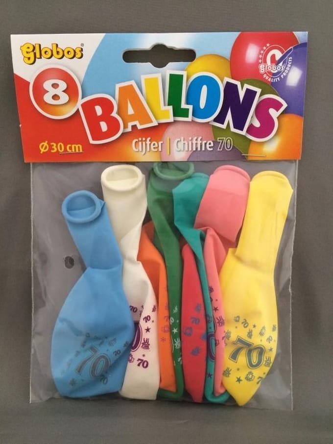 Ballonnen 70 jaar - 8 stuks - Bonte kleuren Globos 30cm