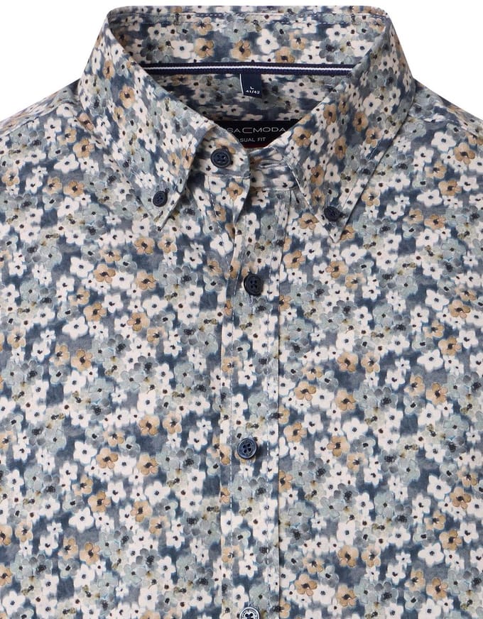 CASA MODA Sport casual fit overhemd - popeline - blauw - wit - beige dessin