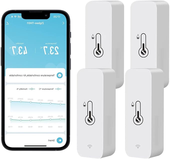 Temperatuur Vochtigheidssensor - Binnen Buiten - Klimaat Bewaken - App Meldingen - 4 Stuks - Wit