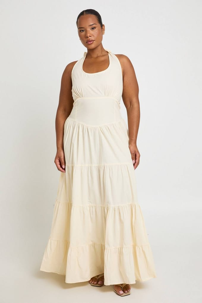 boohoo Dames Plus Halterneck Poplin Maxi Jurk | Citroen | Maat: 44