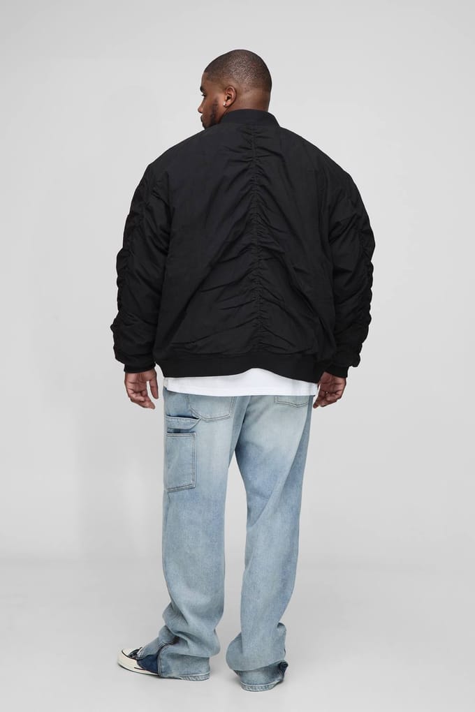Plus Peached Embroidered MA1 Bomber Jacket | Black | Size 2XL
