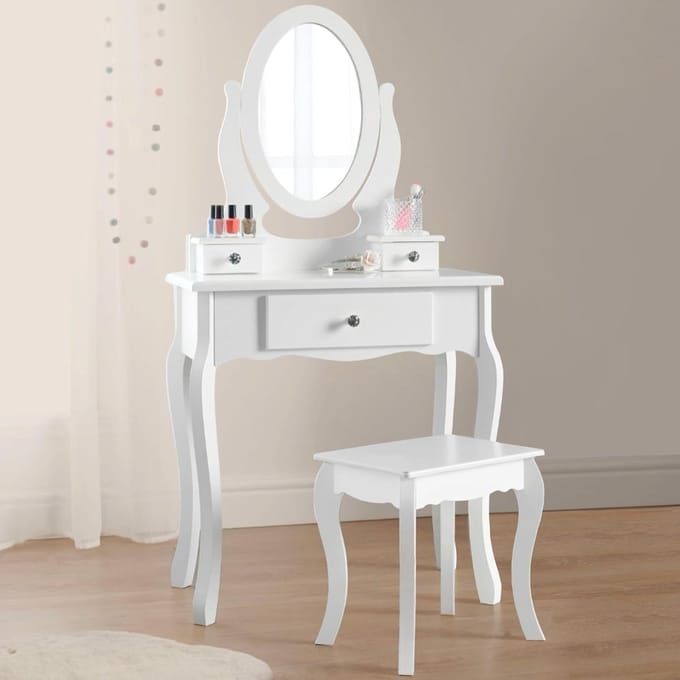 Meisjes Kaptafel met Spiegel en Krukje - Wit Houten Kinderen Make-up Tafel Set