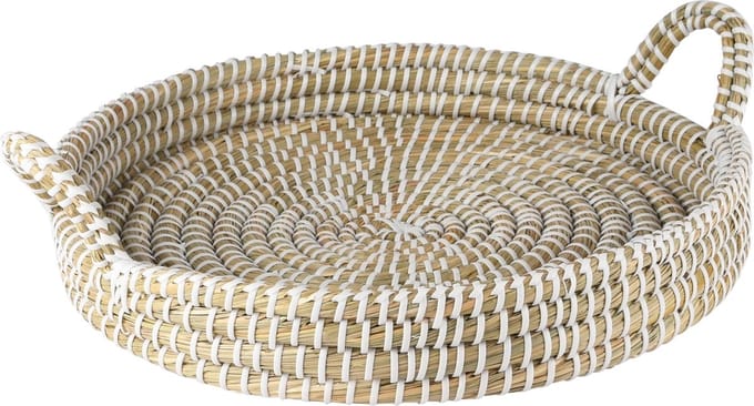 Dekoratief | Mand rond laag, naturel/wit, riviergras, 35x35x7cm | A238188