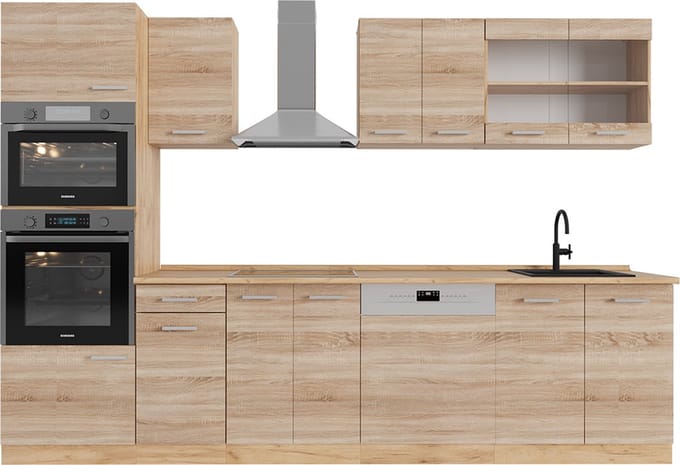 Vicco R-Line Complete keukeneenheid – 300 cm met hoge kast, WB Eik Sonoma/Goudkraft eik
