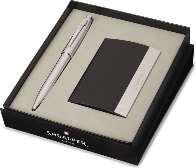 Sheaffer balpen giftset - 100/G9306 - brushed chrome nickel plated - met visitekaarthouder