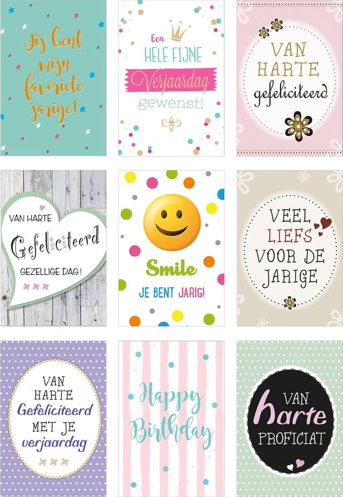 9 Wenskaarten met envelop - MGPcards - Jarig - Happy Birthday  - 11,5 x 17 cm