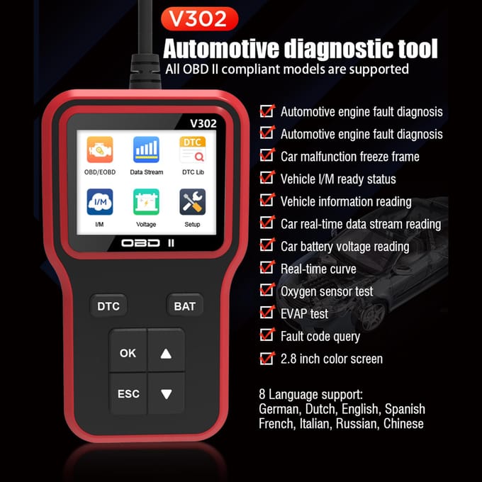 Auto OBDII-scanner, 2,8 inch kleurenscherm, auto-check engine-codelezer, diagnosetool voor rood