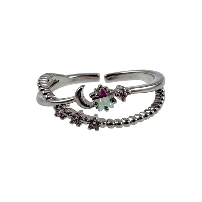 Verstelbare Ring met Sterren, Maan en Zirkonia, Ring, Plated, Dames - Size 16 - 17mm