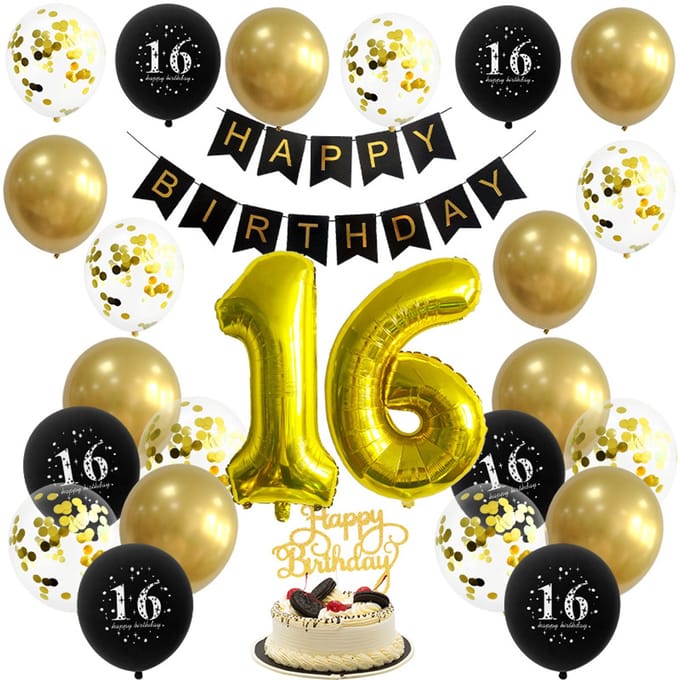 Verjaardag Versiering - 16 Jaar - Zwart Goud