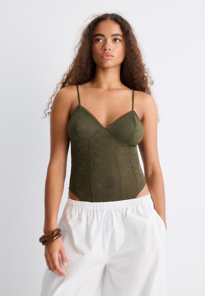 Stradivarius Kanten body met bandjes  Olijfgroen S