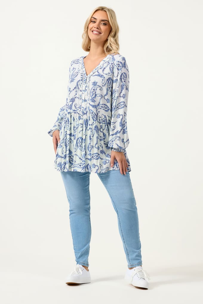 Yours Blauwe Blouse Met Paisleyprint En Ruches Size 48