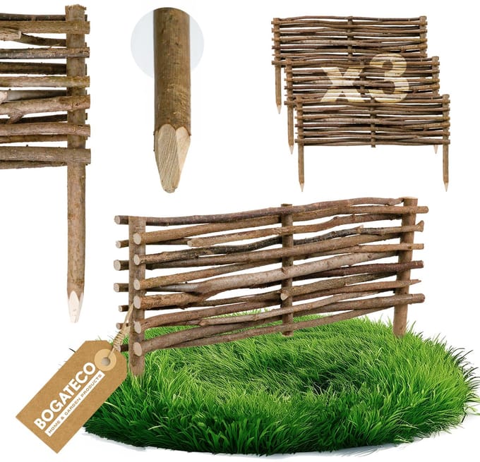 BOGATECO 3 x hazelnoot bedrand | 20 cm hoog & 60 cm lang | Houten hekwerk Ideaal als perkenrand