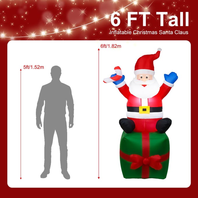6 FT kerstopblaasboten Kerstman waterdicht 6 LED verlichte gigantische opblaas Kerstman geschenkdoos met US Plug rood