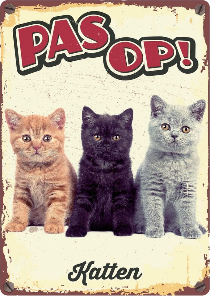 Waakbord Blik Katten Plenty Gifts - Vintage Uiterlijk - 21x14cm, Met Tekst 'Pas Op! Katten'