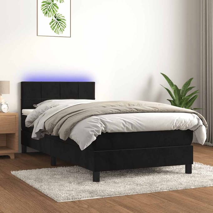 vidaXL - Boxspring - met - matras - en - LED - fluweel - zwart - 80x200 - cm