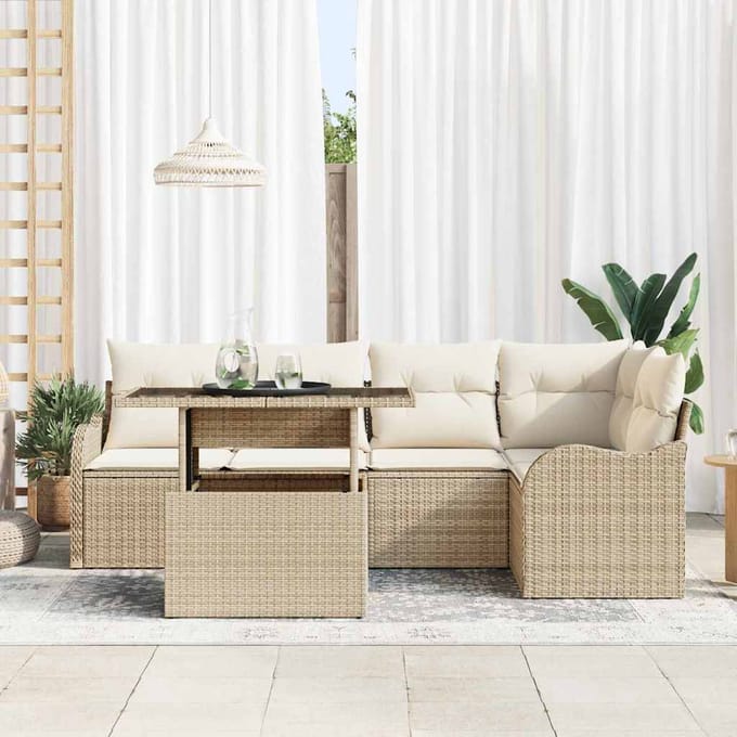 vidaXL Tuinbank Set met kussen met kussen 6 pcs Beige Poly Riet