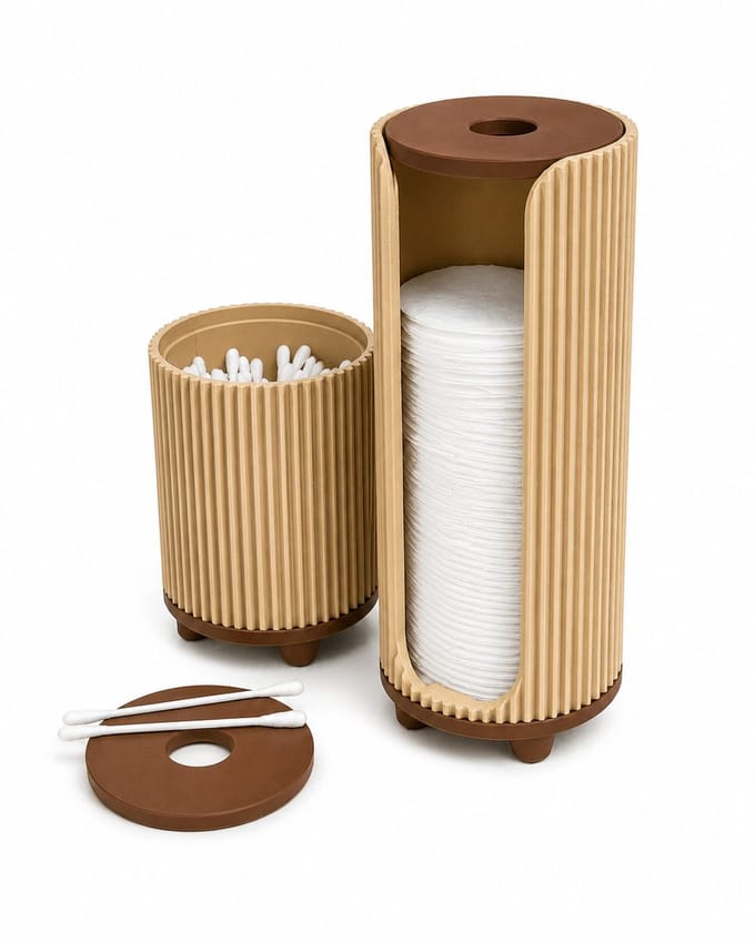 Wattenschijfjeshouder met Wattenstaafjeshouder – Badkamer Organizer – Geribbeld Design – Beige/Bruin