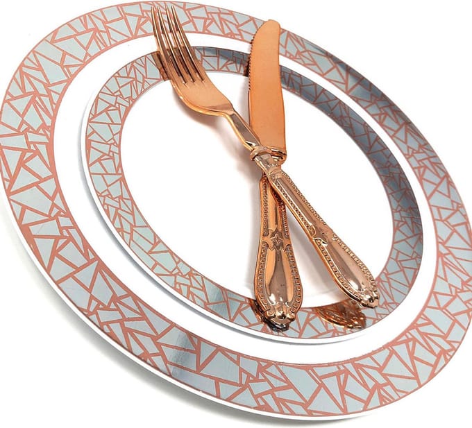 Mosaic - Servies Set, Rosé/Zilver Borden 32Stuks