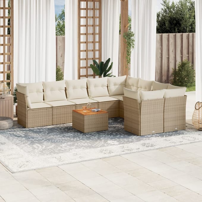 vidaXL - 10-delige - Loungeset - met - kussens - poly - rattan - beige