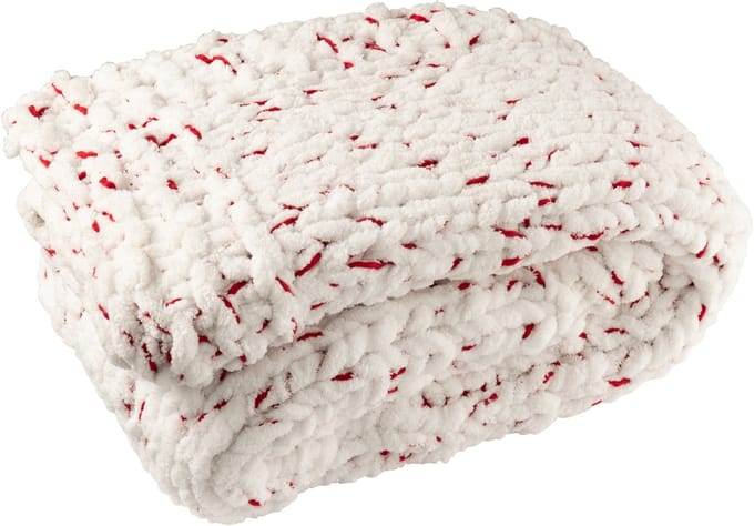 J-Line deken Gebreeën - polyester - wit/rood