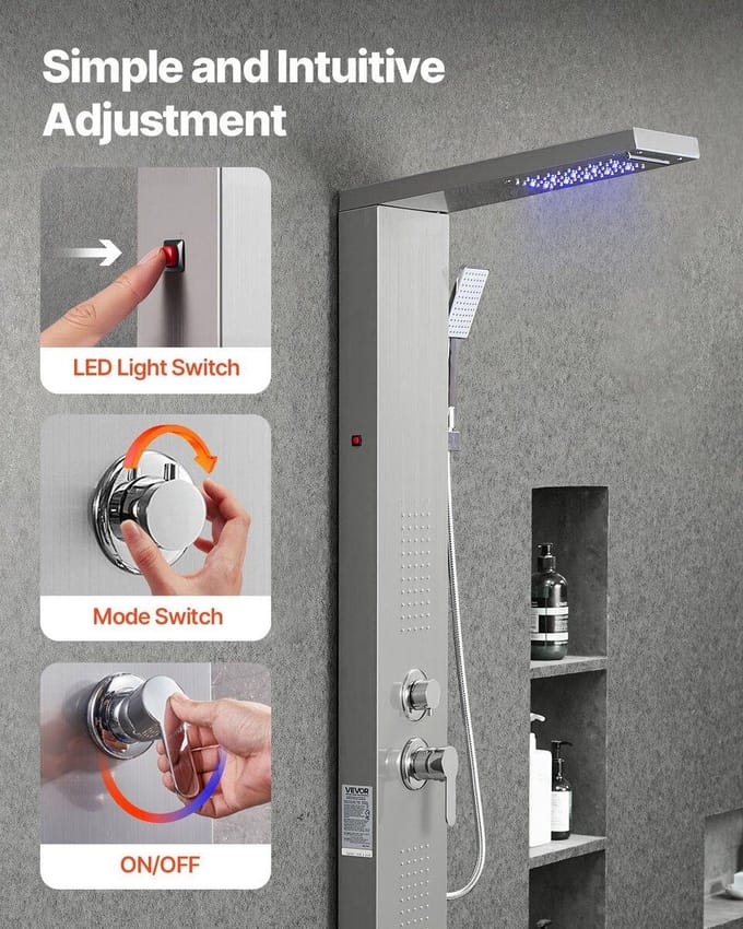 Colonne de Panneau de Douche Système Acier Inoxydable Tête Pluie 5 Modes