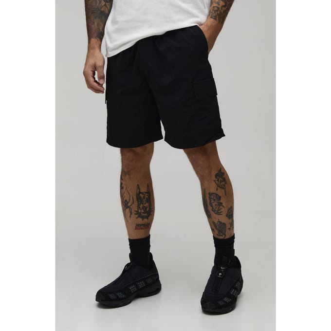 Essential Relaxed Fit Elasticated Nylon Cargo Shorts | Black | Size Small