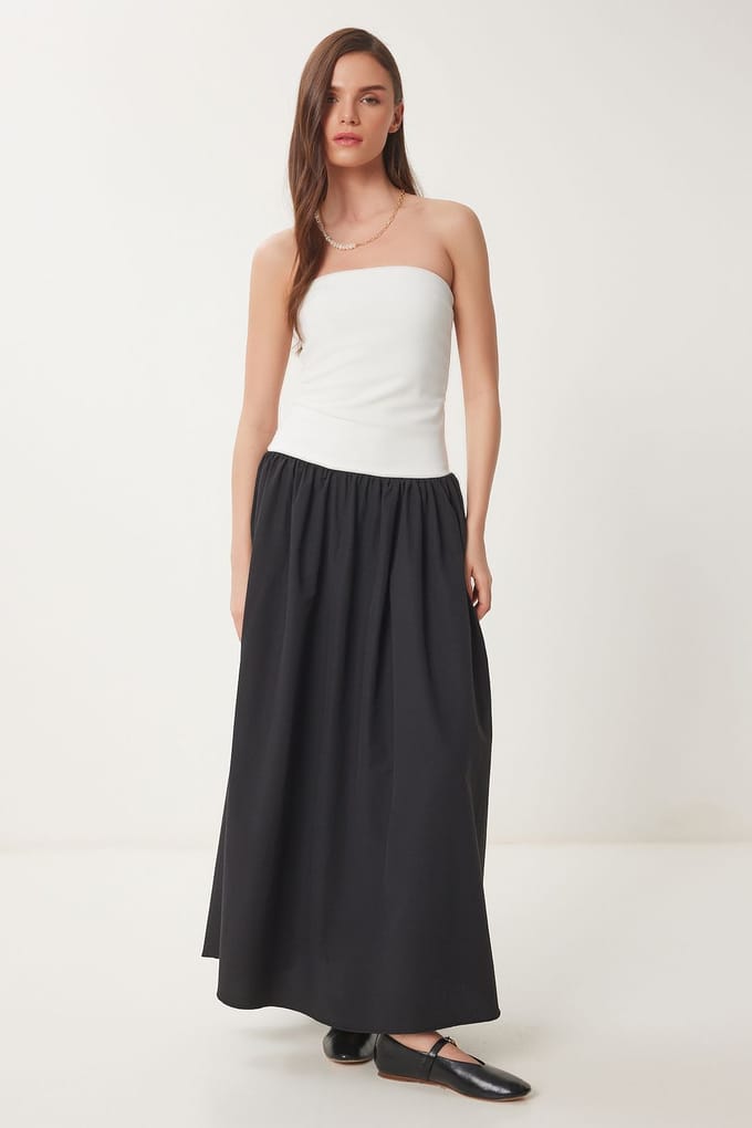 Kleurgeblokte Strapless Maxi-jurk