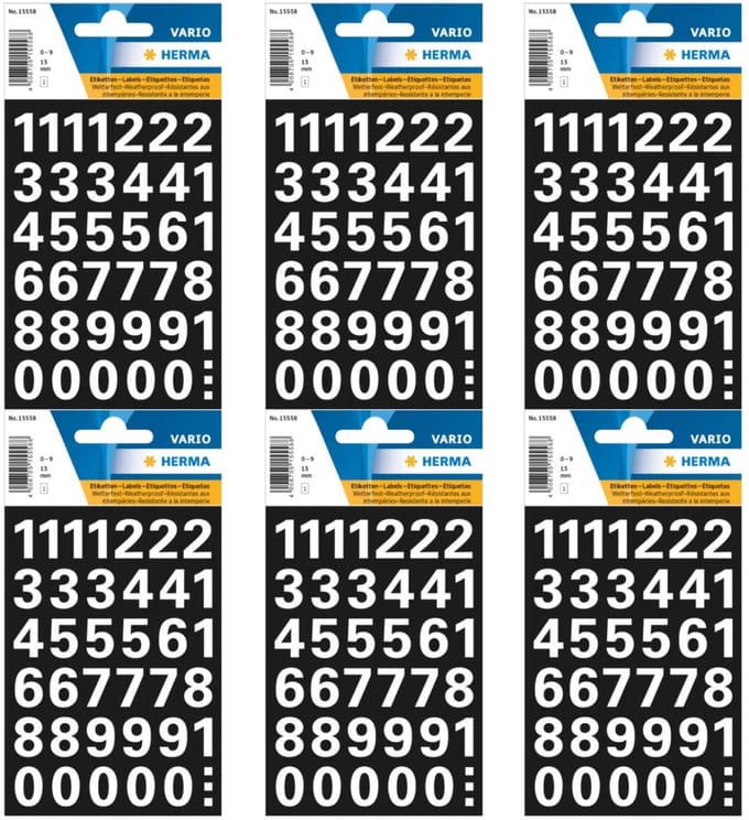 Herma Stickervel nummers - cijfers / getallen - 0 t/m 9 - 6x vellen - wit - 15 mm - watervast