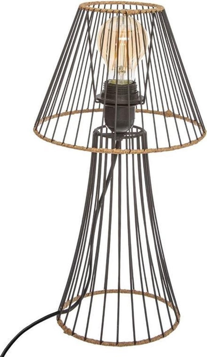 Tafellamp draad staal zwart met rotan hoogte 38.5 cm