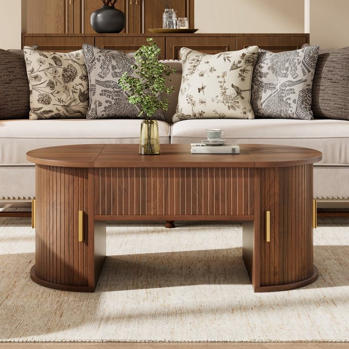 Moderne verstelbare salontafel - woonkamer salontafel met verstelbare hoogte - open legplanken en opbergruimte - walnotekleur