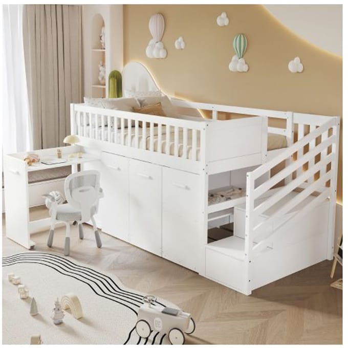Stapelbed - Multifunctioneel - Wit - Geïntegreerd bureau - Opbergkasten - Verhoogde veiligheid
