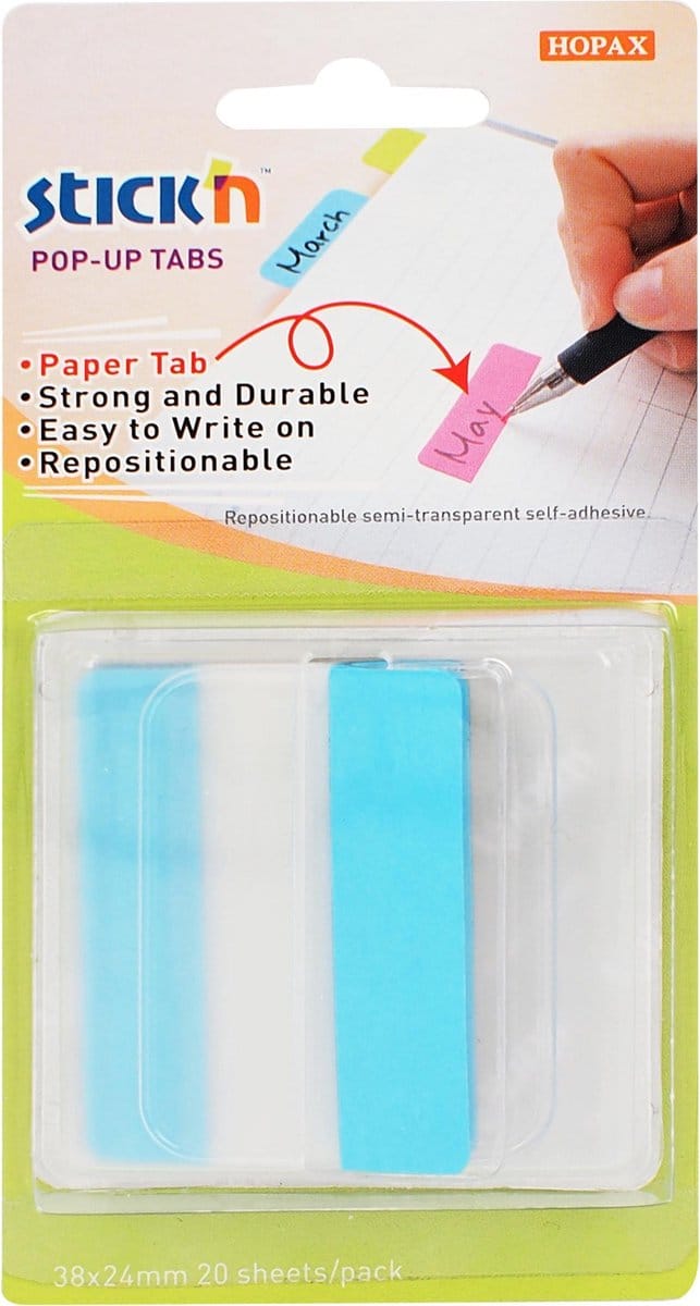 Stick'n Bladwijzers - Extra stevig - Sticky index tabs - 38x50mm - Blauw - 10 tabs in houder
