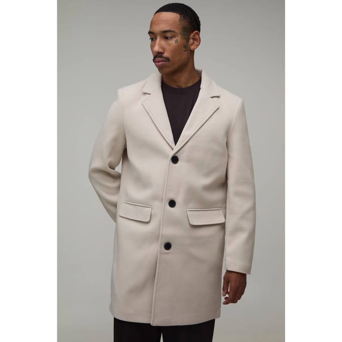 Single Breasted Wool Look Overcoat in Beige | Size XL