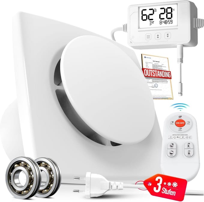 Stille Badkamerventilator 100mm met Vocht- en Temperatuursensor en Timer