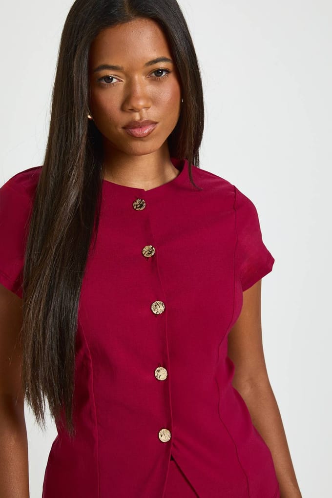 boohoo Dames Bengaline Top met Korte Mouwen en Knoopsluiting | Bordeaux Rood | Maat: 38